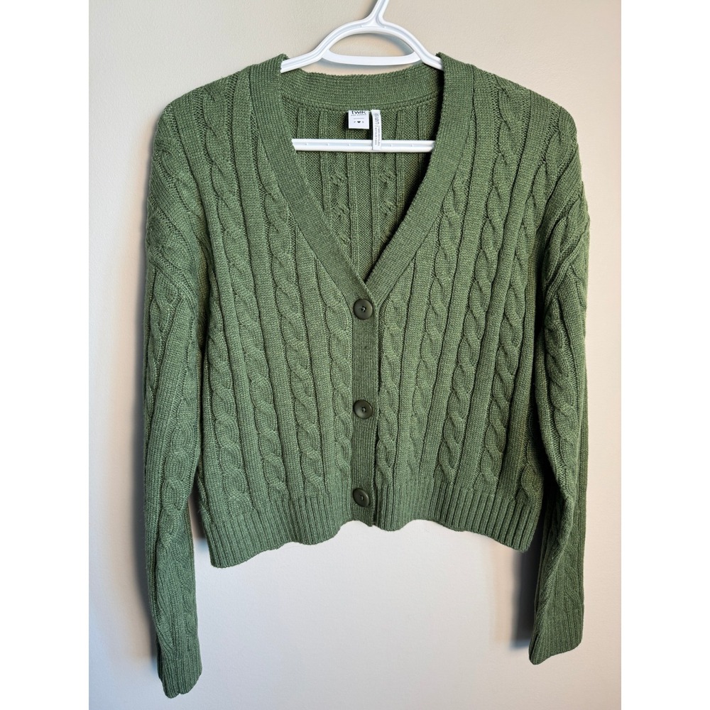 Twik par Simons Green Cable Knit Button Front Cropped Cardigan Sweater Small
